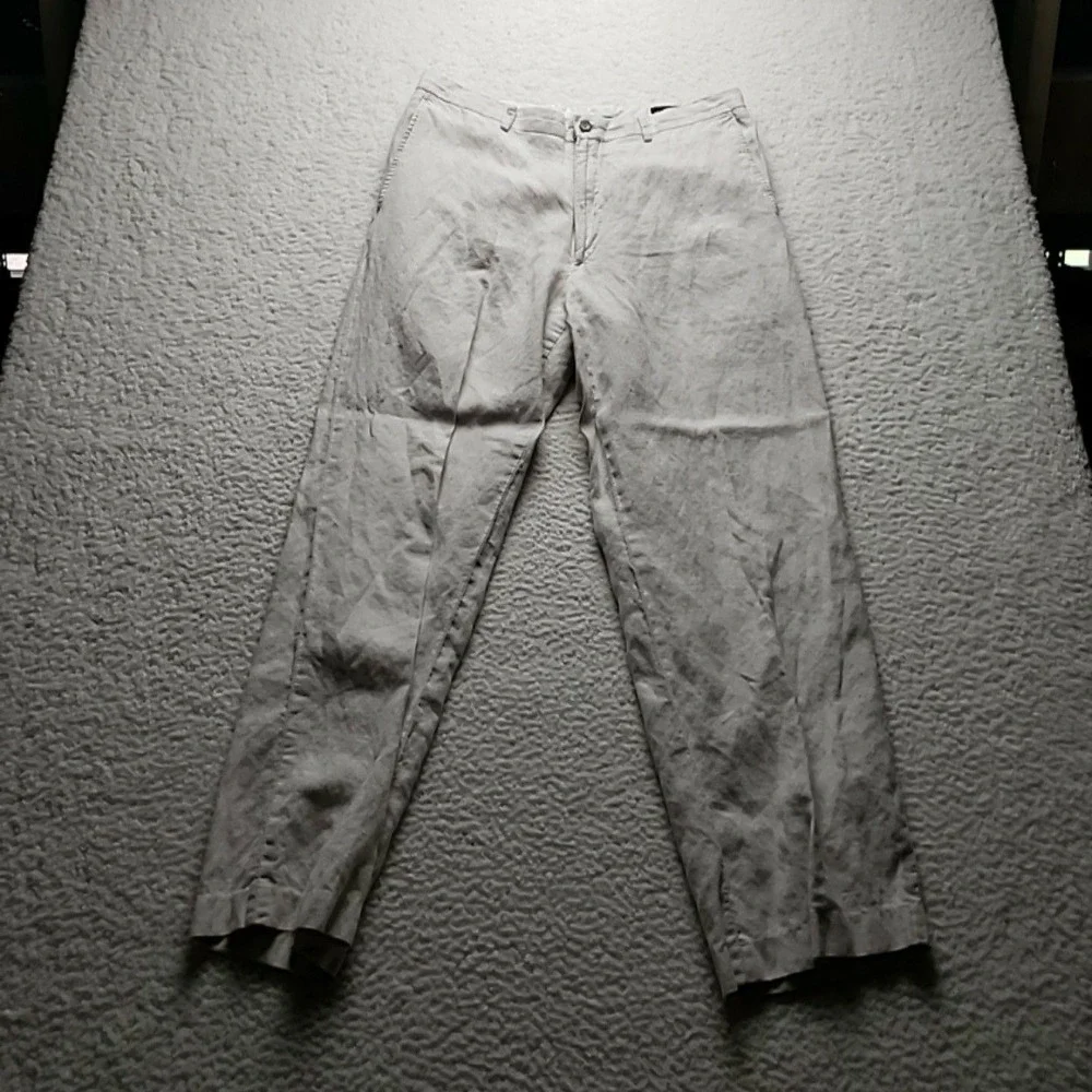 Claiborne Pants Mens 35x32 Beige Linen Cotton Chino Flat Front Lightweight